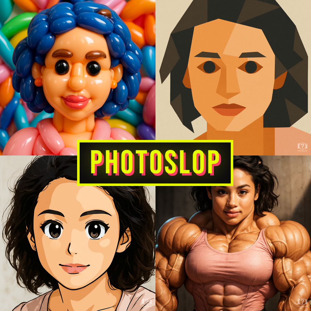 Promotional collage for Photoslop showing the same woman's portrait transformed into four AI-generated styles: a balloon-animal sculpture with blue twisted-balloon hair, a flat geometric illustration, an anime character with large eyes, and an exaggerated bodybuilder with massive muscles. A neon yellow and pink "PHOTOSLOP" logo sits in the center.
